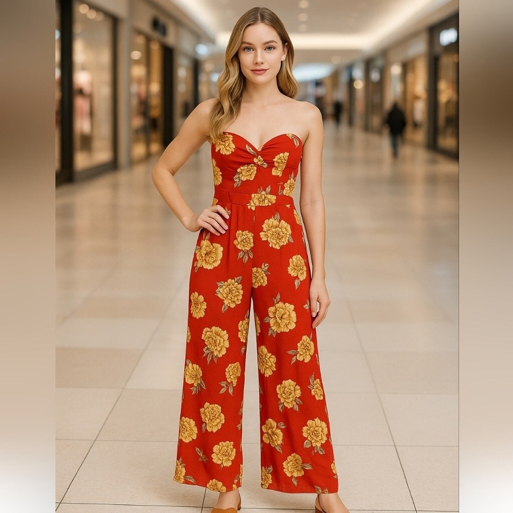 Band of Gypsies Peach Floral Jumpsuit Size Medium Boho Chic Style