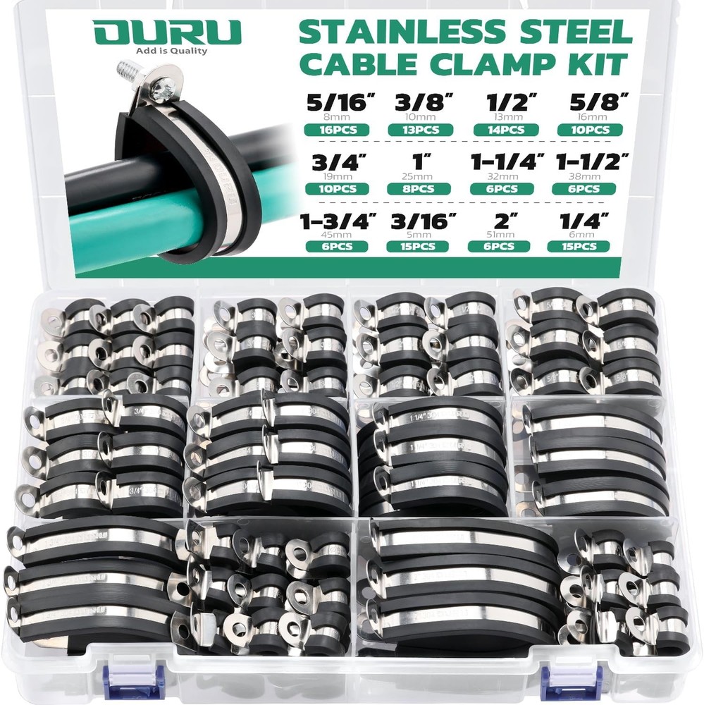 125PCS 12-Size Stainless Steel Rubber-Coated Cable Clamps with Cushioned Insulation