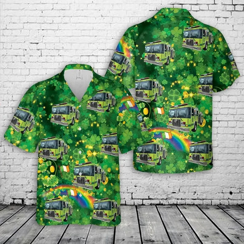 St Patricks Day Firefighter Hawaiian Shirt Shamrock Irish Fireman Gift