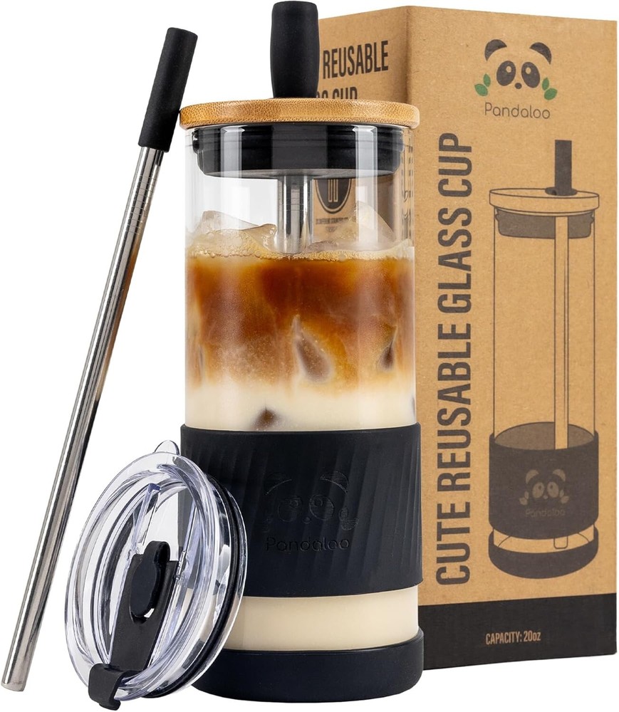 Pandaloo 20oz Glass Coffee Cup with Lids and Straws Ideal Gift