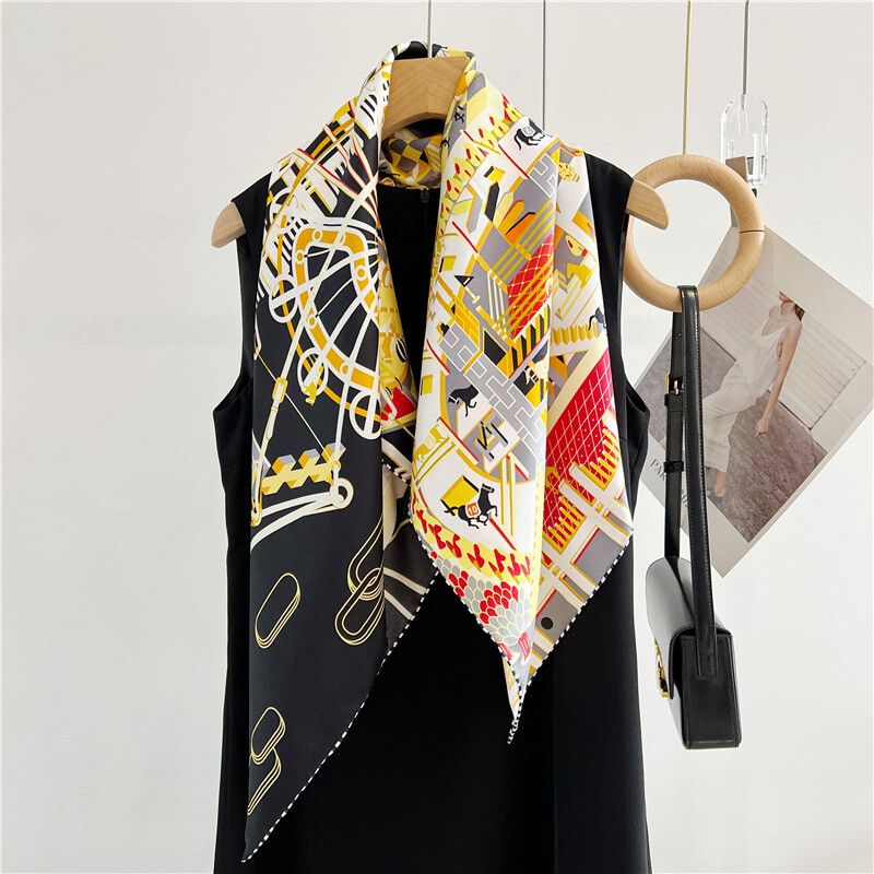 Castle Print 14 Momme Twill Silk Scarf Hand-Rolled Square Shawl 35 Inch