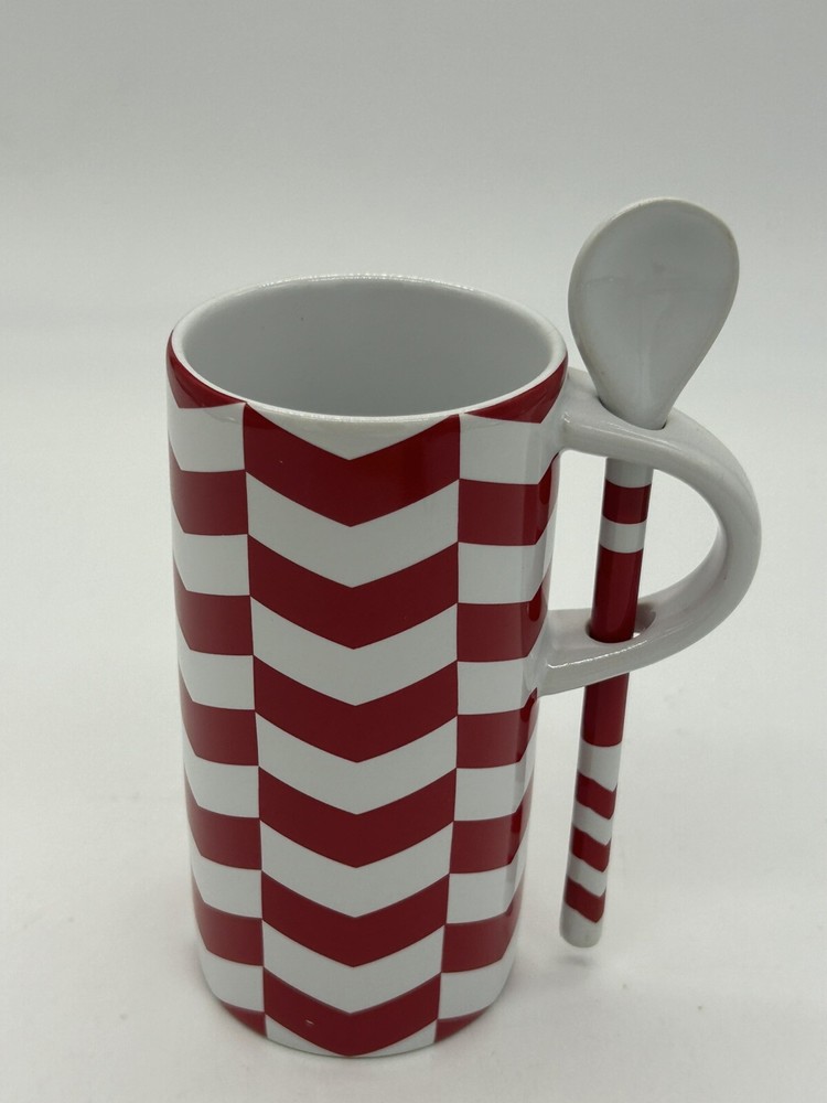 Starbucks 8oz Holiday Chevron Ceramic Mug with Spoon Red White 2013