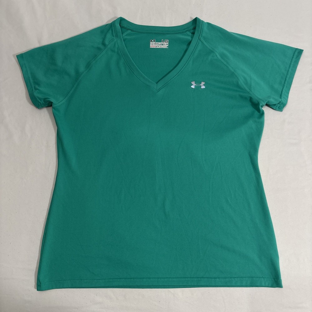 Under Armour Shirt Womens Heat Gear Semi-Fitted V-Neck Green Activewear ✅ Sz L
