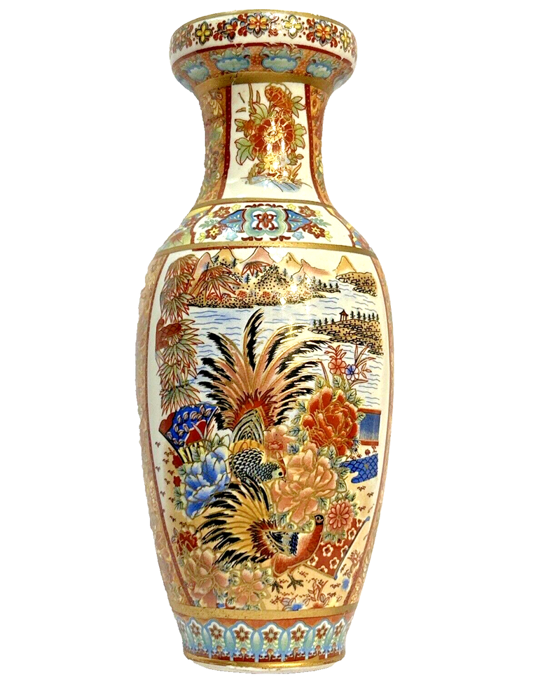 Satsuma Style Vase Bird of Paradise Floral 10 in Beautiful Colors and Design