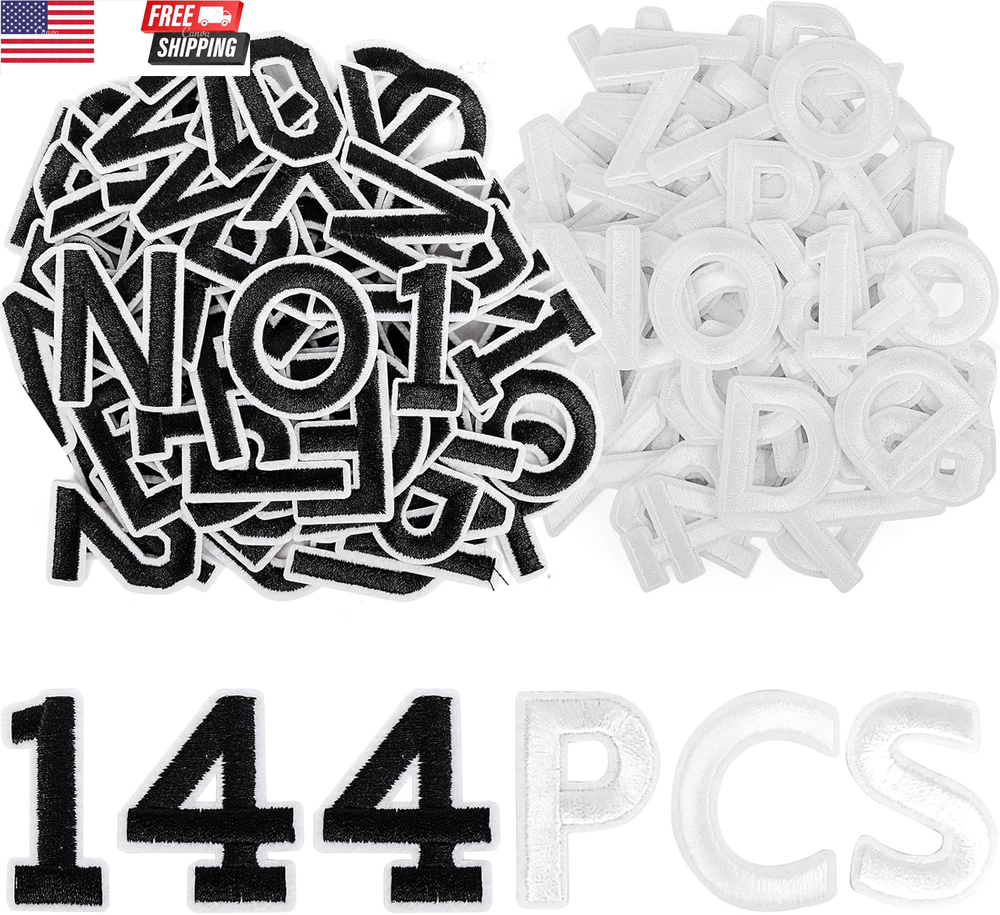 144Pcs Black & White Iron-On Letters & Numbers Patches for Custom DIY Clothing