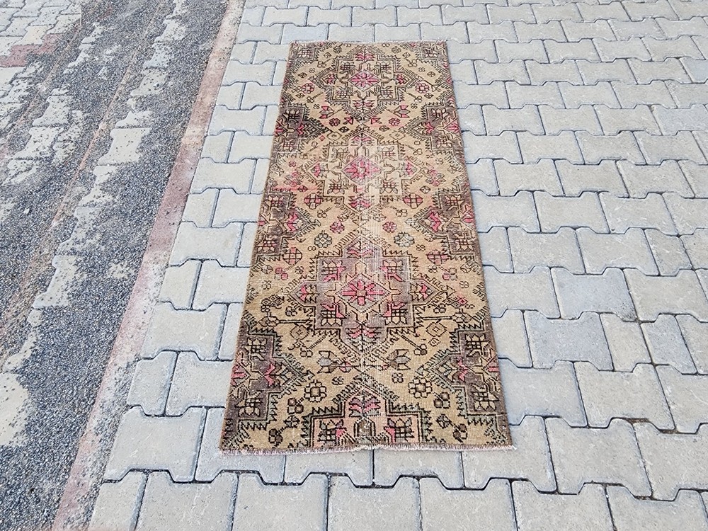 2x5 ft Vintage Turkish Wool Rug Handmade Low Pile Brown Pink Carpet