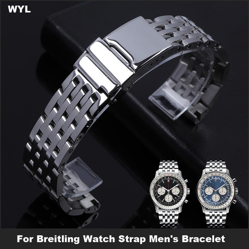20 22 24mm Stainless Steel Watchband Strap For Breitling Polished Glossy Silver