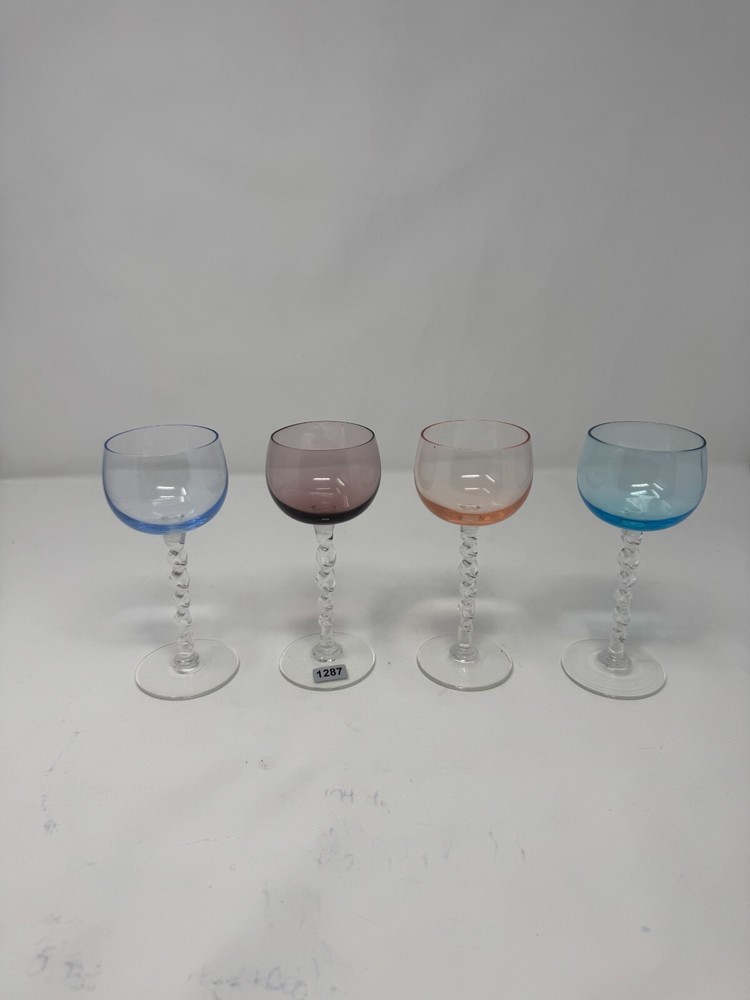 Vintage 1950s Twisted Stem Cordial Glasses Set of 4 – Blue Amethyst Peach Aqua