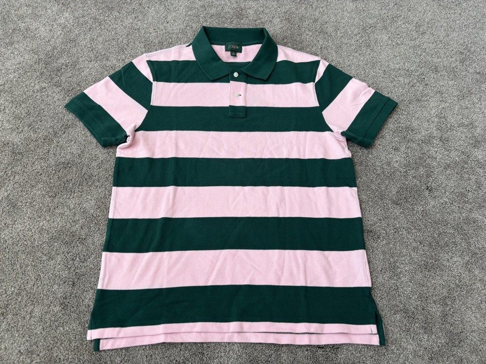 J Crew Oarsman Polo Rugby Shirt Mens Medium Green Pink Striped Casual Vintage