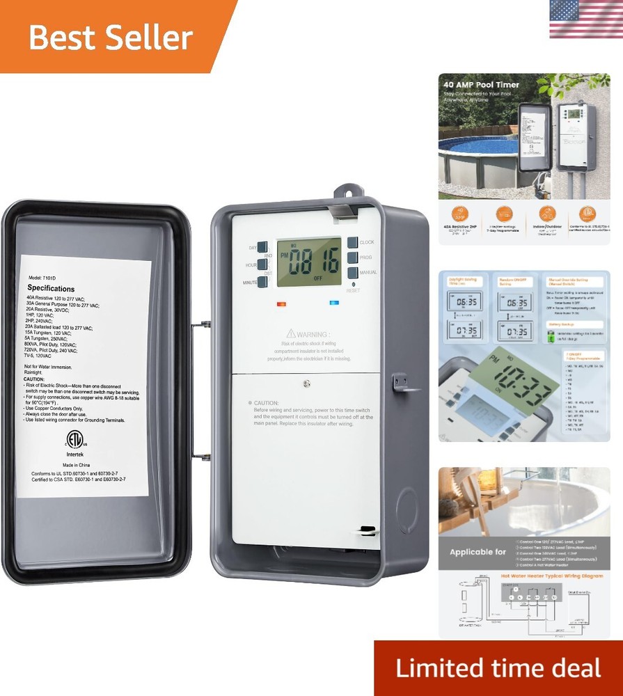 7-Day Digital Pool Pump Timer 40 AMP Heavy Duty 120/240V