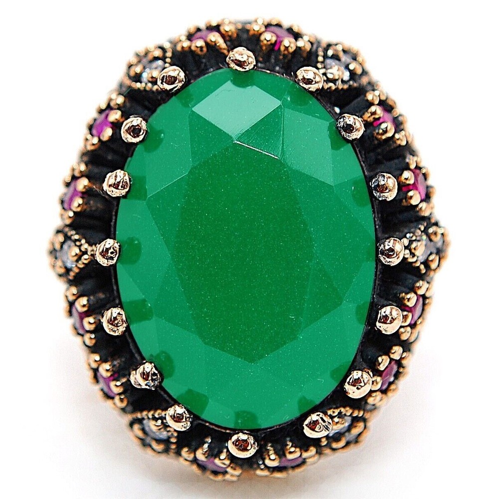 12CT Treated Emerald Ottoman Style Sterling Silver Ring Size 7.5