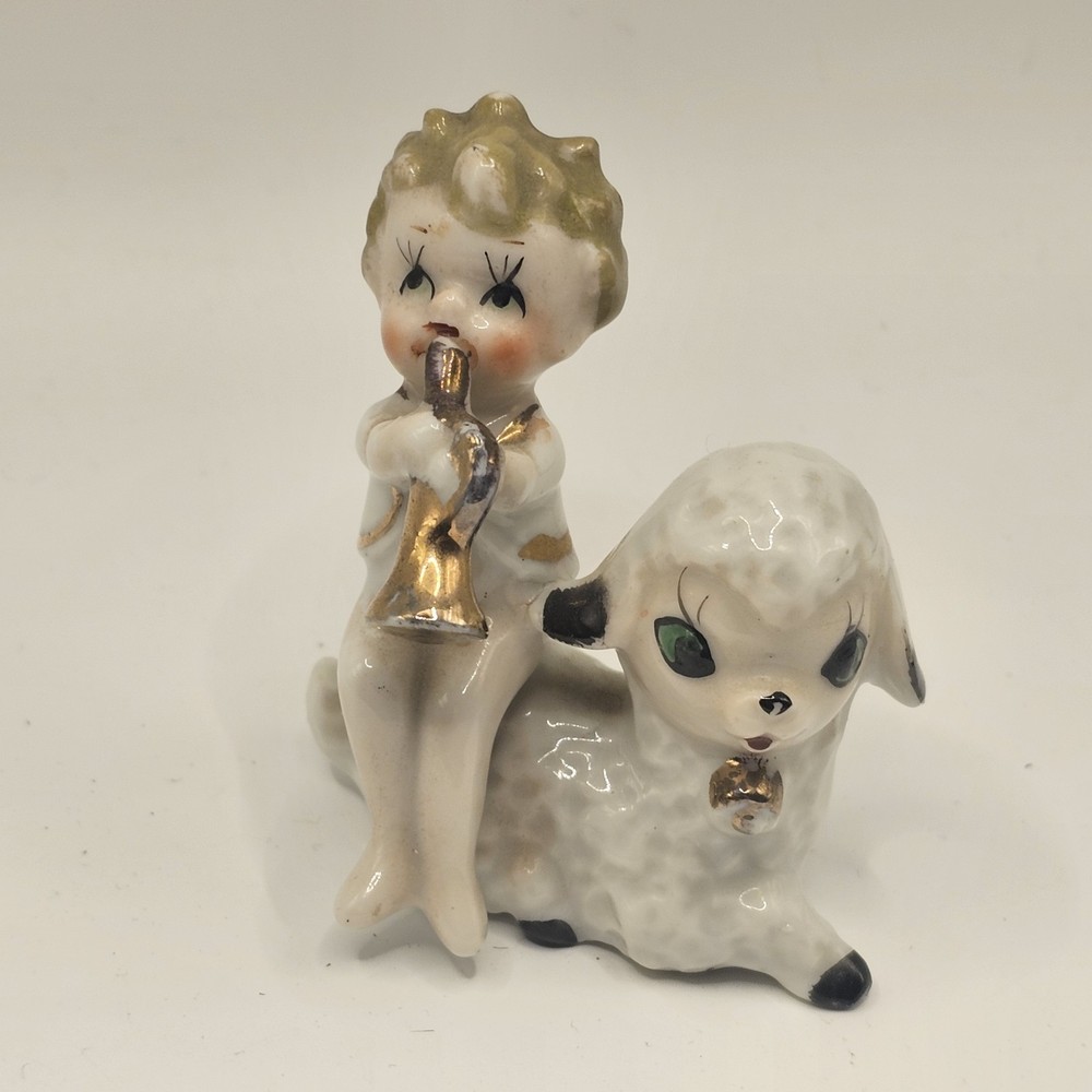 Vtg Pixie Angel Figurine Sitting on Lamb Sheep Playing Trumpet Japan Estate Find