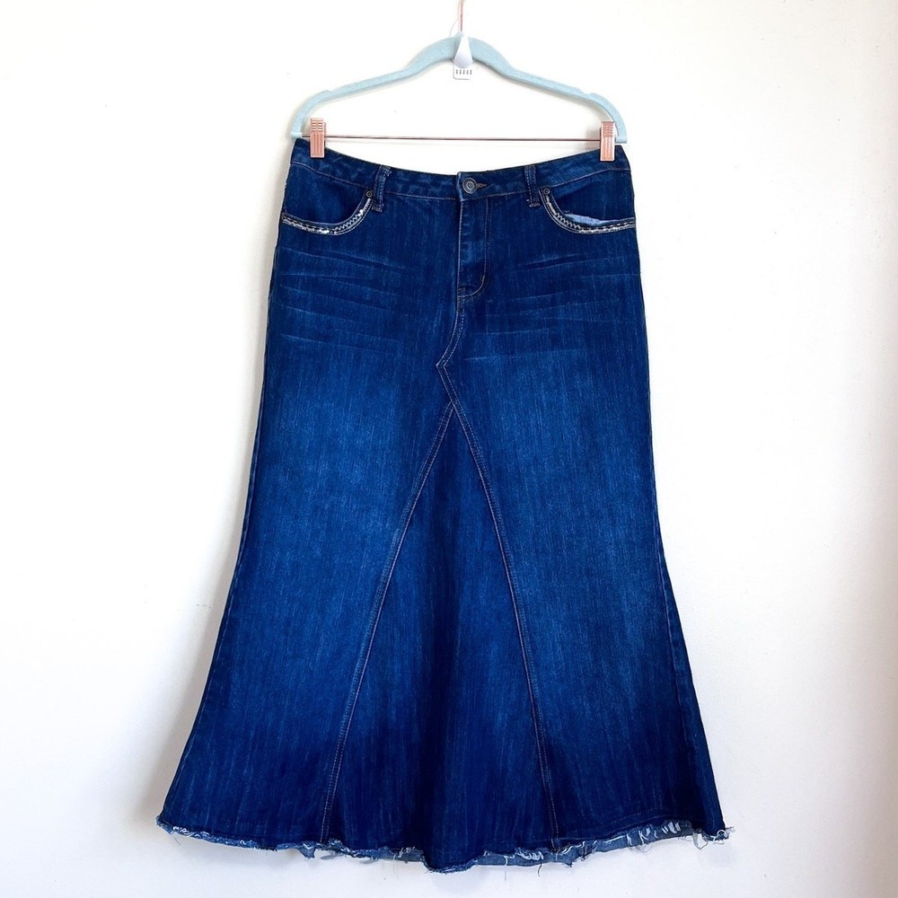 Y2K Dark Denim Flare Midi Skirt Boho Western Hippie Festival 90s Size XL