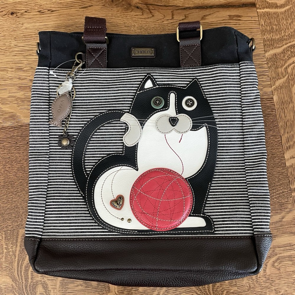 CAT Bag Purse Black striped Work Tote. Faux leather/canvas.