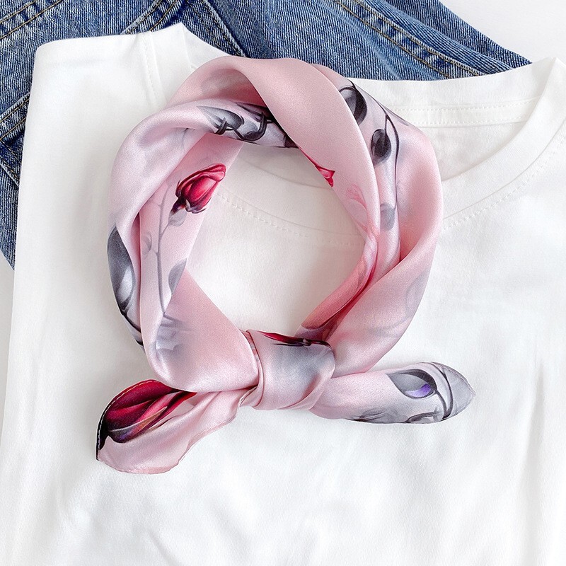 100% Silk Scarf Pink Rose Wrap for Women Head Neck Hair 53x53cm