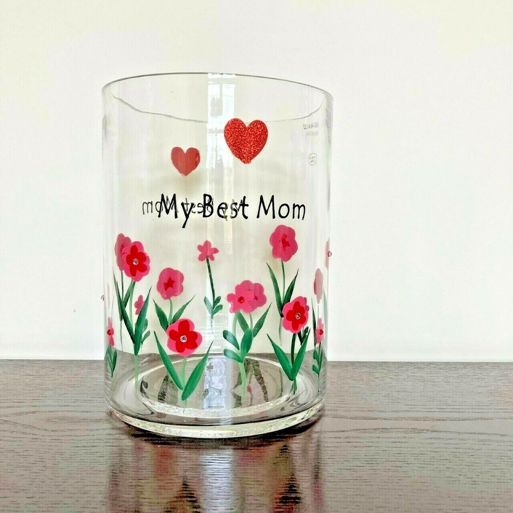 Mothers Day Glass Vase Planter My Best Mom Hand Painted Tulips Hearts Rhinestone-image