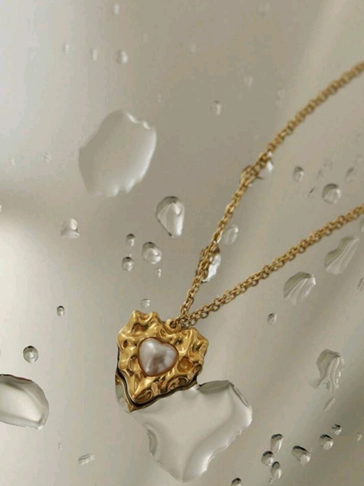 Gold Baroque Pearl Necklace Vintage Dainty Puffy Heart Birthday Gifts For Women