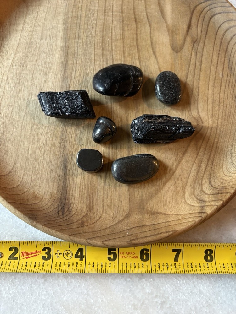 Black Stones Set Of 7 Geode, Tourmaline, Obsidian, Onyx, Hematite, Etc