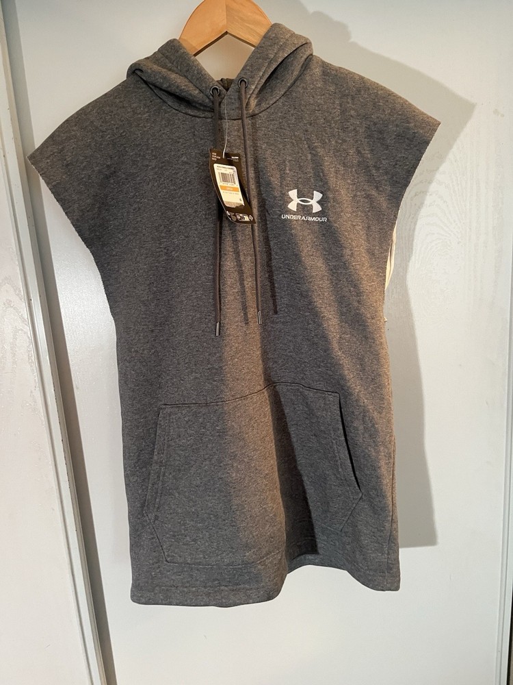 UNDER ARMOR ICON FLEECE HOODIE SLEEVELESS HEATHER GRAY MENS Size Small NWT
