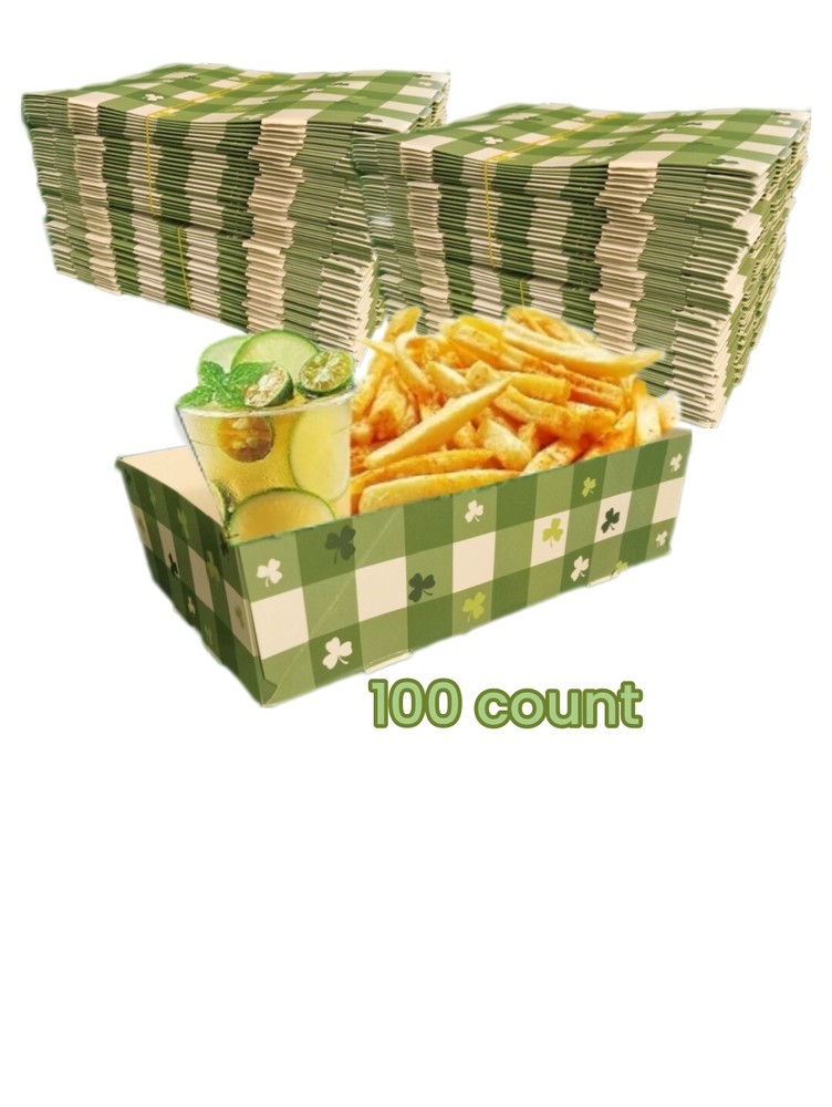 100 St Patrick's Day Shamrock Disposable Paper Food Trays 8.6x5.5x2.3 Inch Green Party Serving Plates