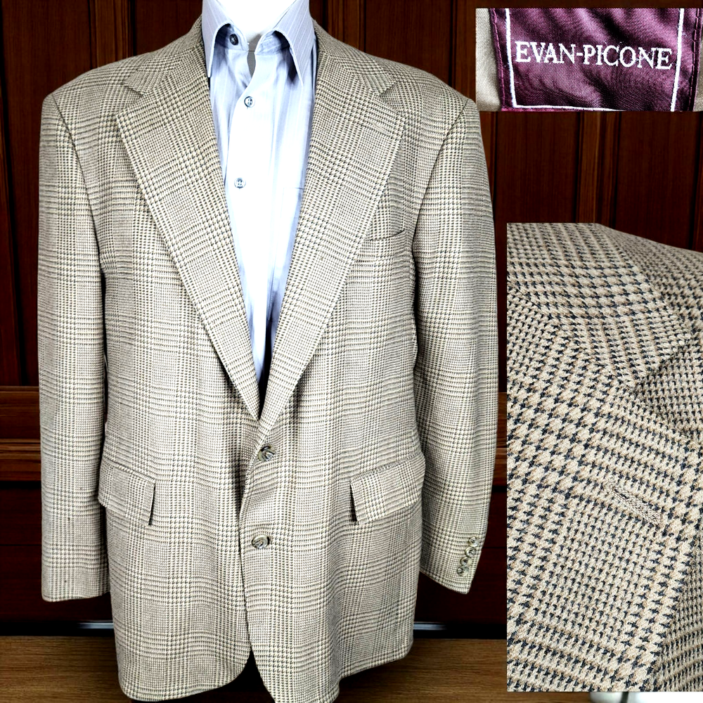 Evan Picone Vintage Sport Coat Blazer Mens 44L Beige Plaid VL Wool