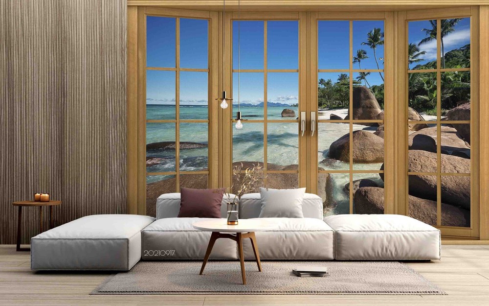 3D Sky Beach Coconut Tree Window Wall Murals Wallpaper Murals Wall Sticker
