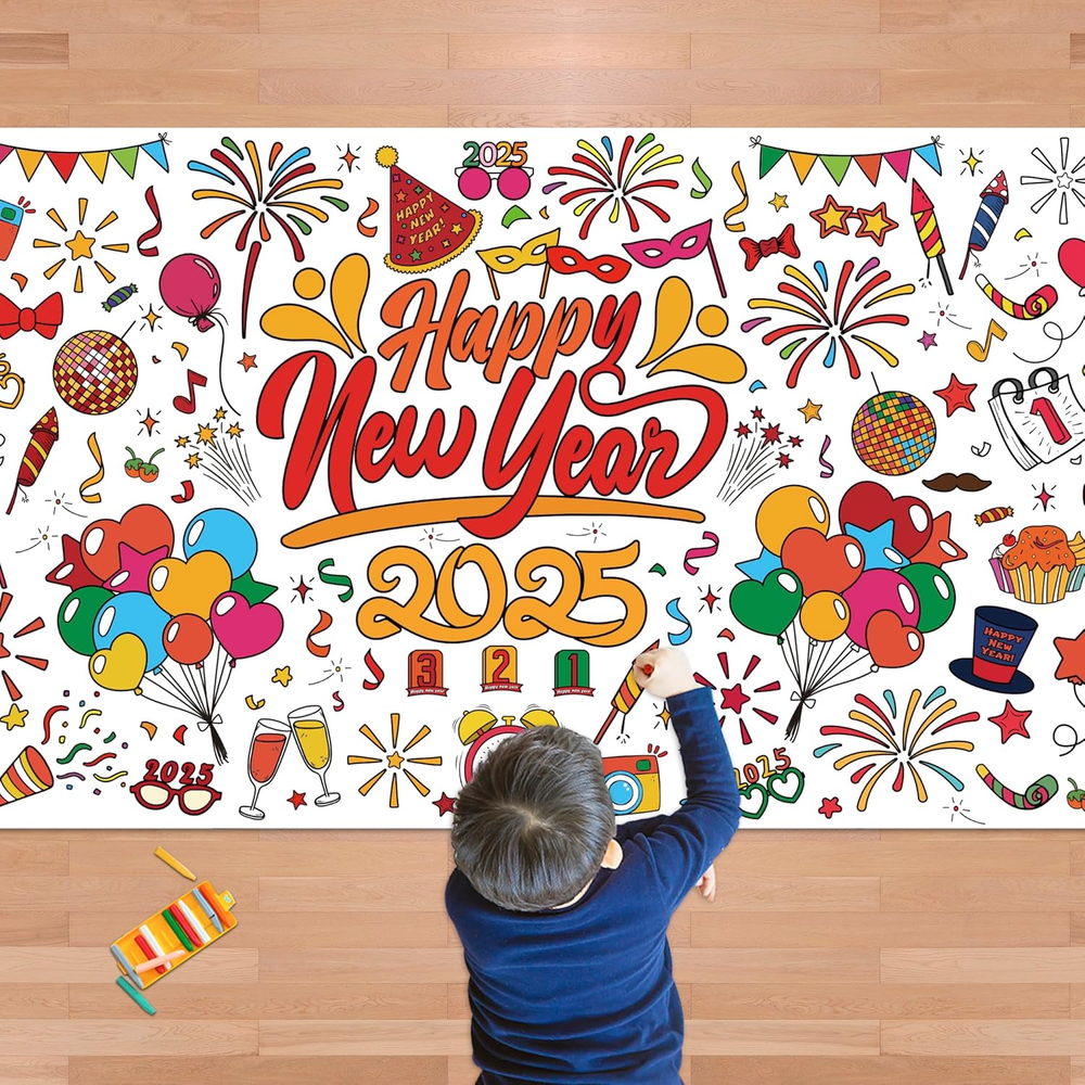 Happy New Year Giant Coloring Poster/Tablecloth - New Years Decorations 2025-30
