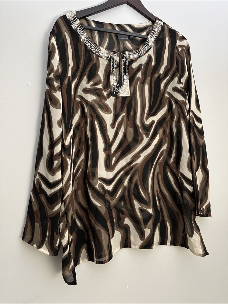 Covington Women's XL Brown Black & Beige Embellished Neck Tunic Blouse