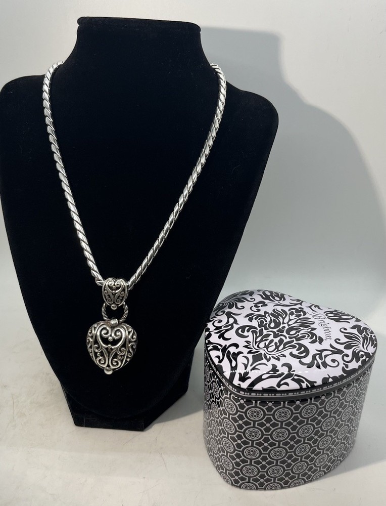 Brighton Bibi Puffy Heart Necklace Silver Plated Chain with Scroll Filigree Detail