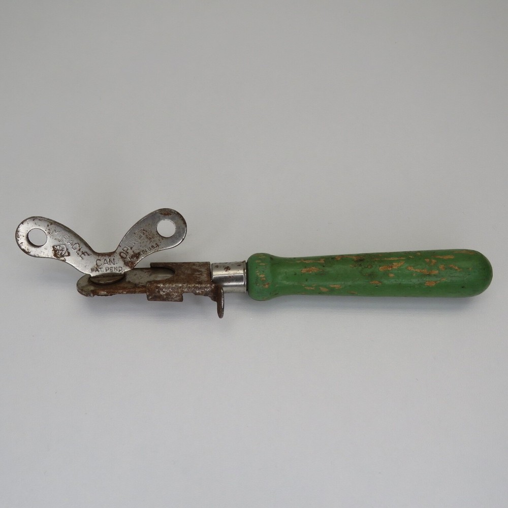 Vintage A&J Miracle Can Opener Green Wood Handle Metal USA Kitchen Gadget