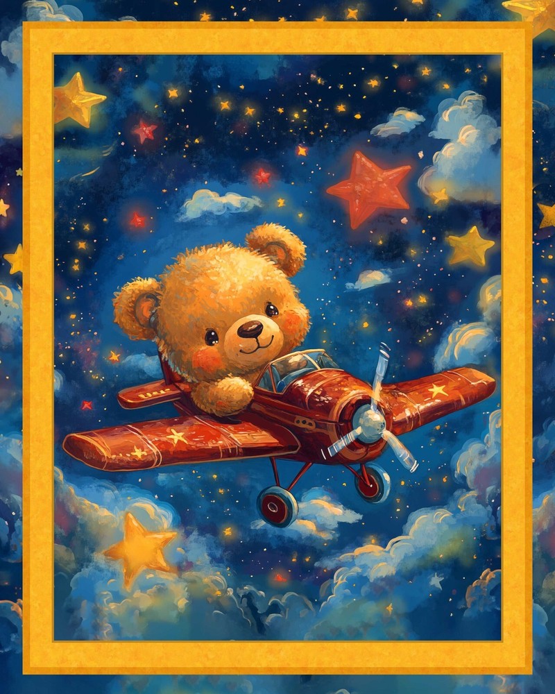 Airplane Teddy Bear Baby Quilt Top Panel Fabric for Nursery Wall Hanging