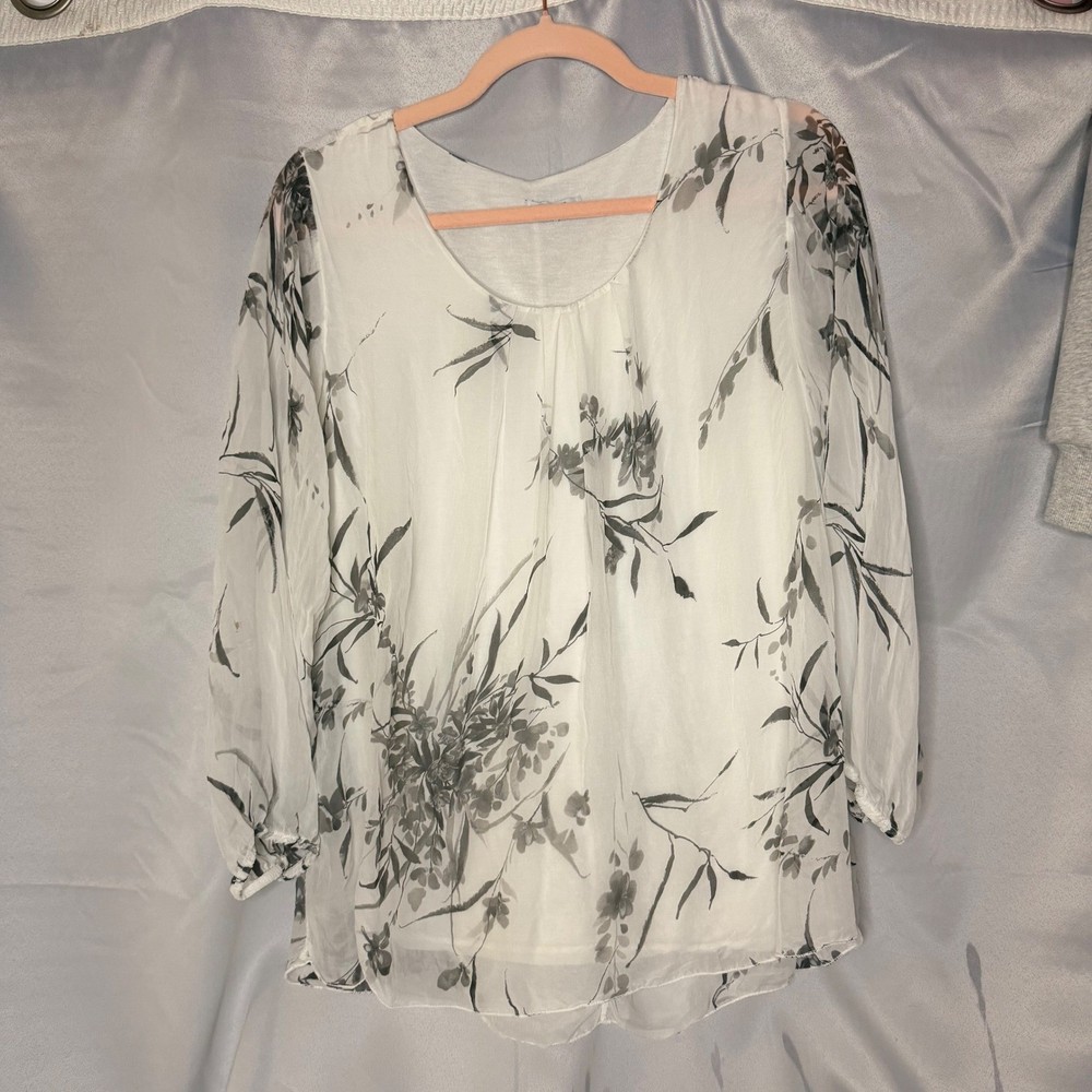 Rosemarine Italy White Black Floral Silk Blouse Sheer Long Sleeve Top Medium