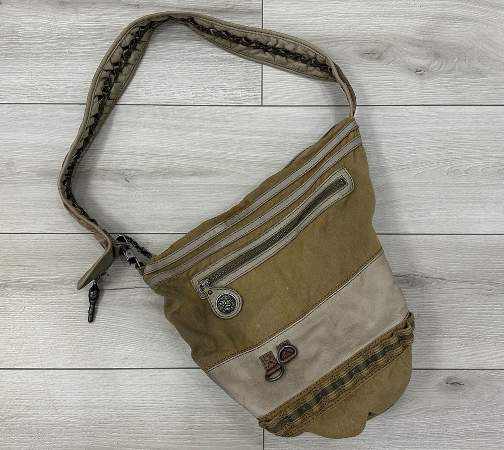 Vintage Diesel Sling Bag Khaki Canvas Leather Shoulder Purse Floral Hardware Y2K