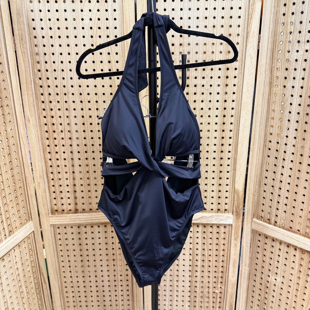Kenneth Cole New York Black Halter One Piece Cut Out Swimsuit XL