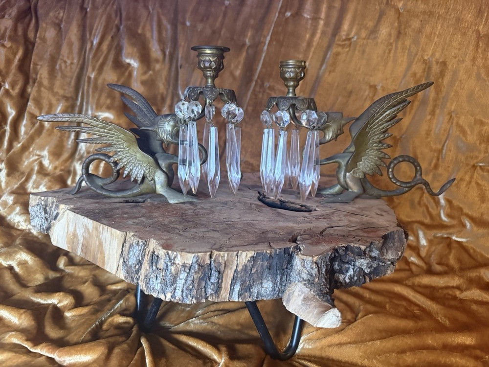 Antique Brass Griffin Candle Holders 🐉 Crystal Prism Pair Gothic Victorian