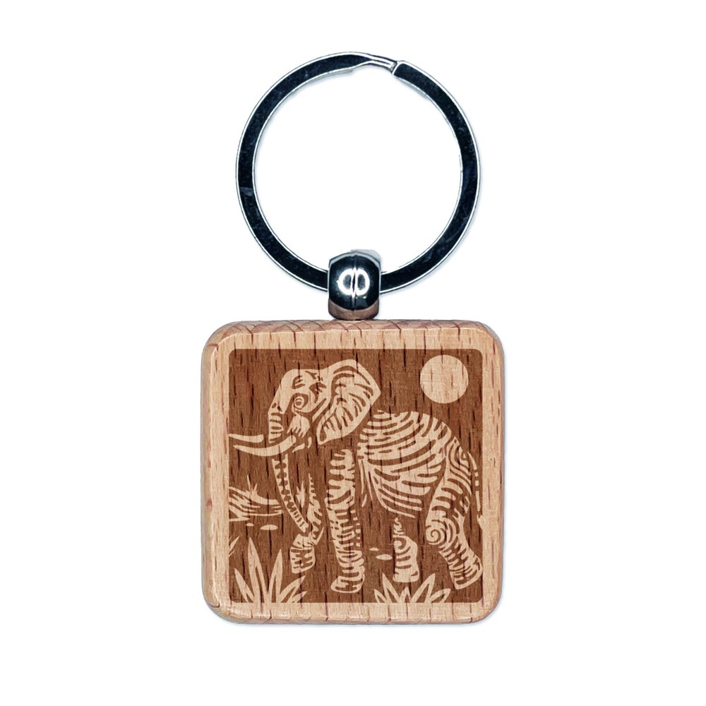 African Elephant Engraved Wood Square Keychain Tag Charm