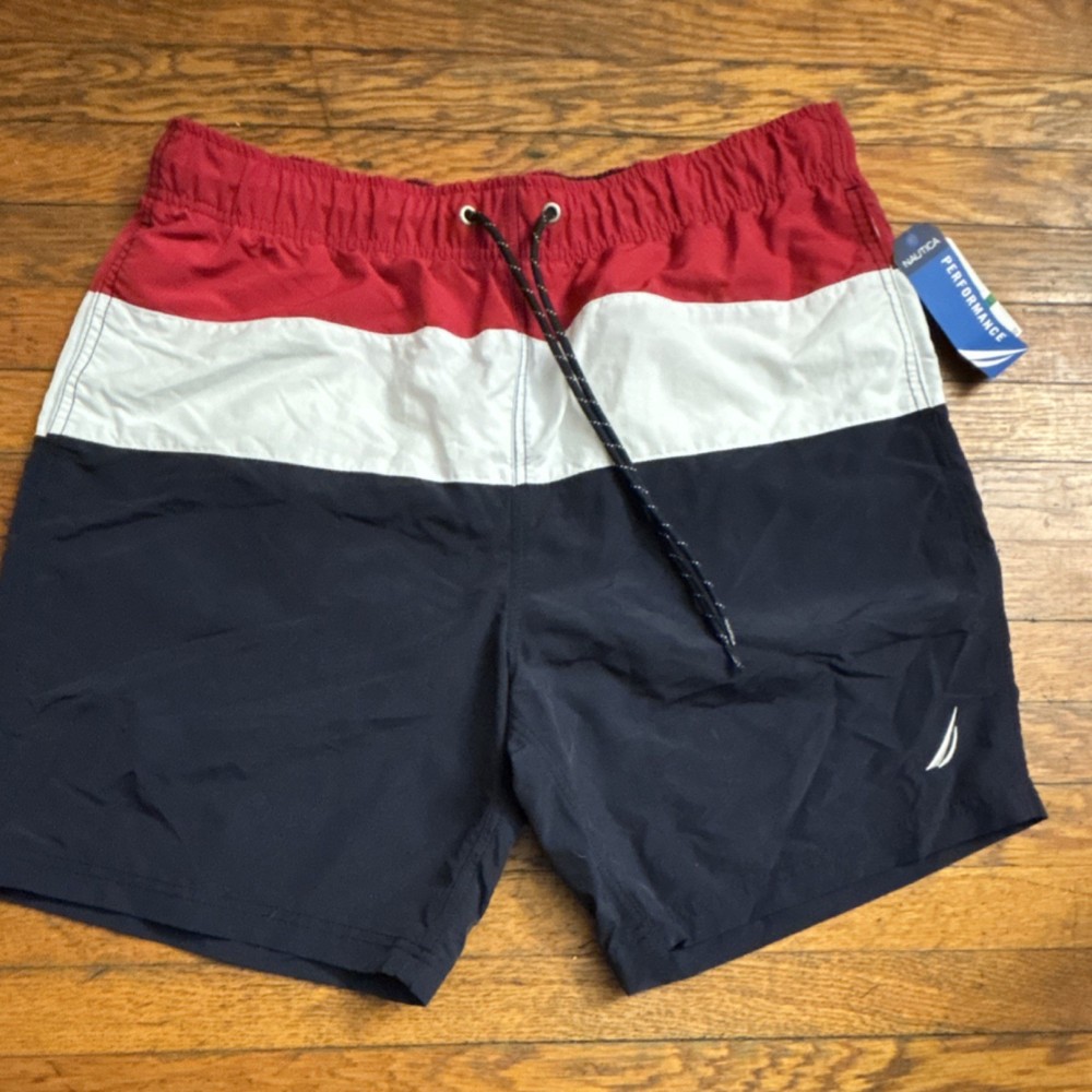 Nautica Performance Swim Shorts Red White Navy Colorblock Men's Size L