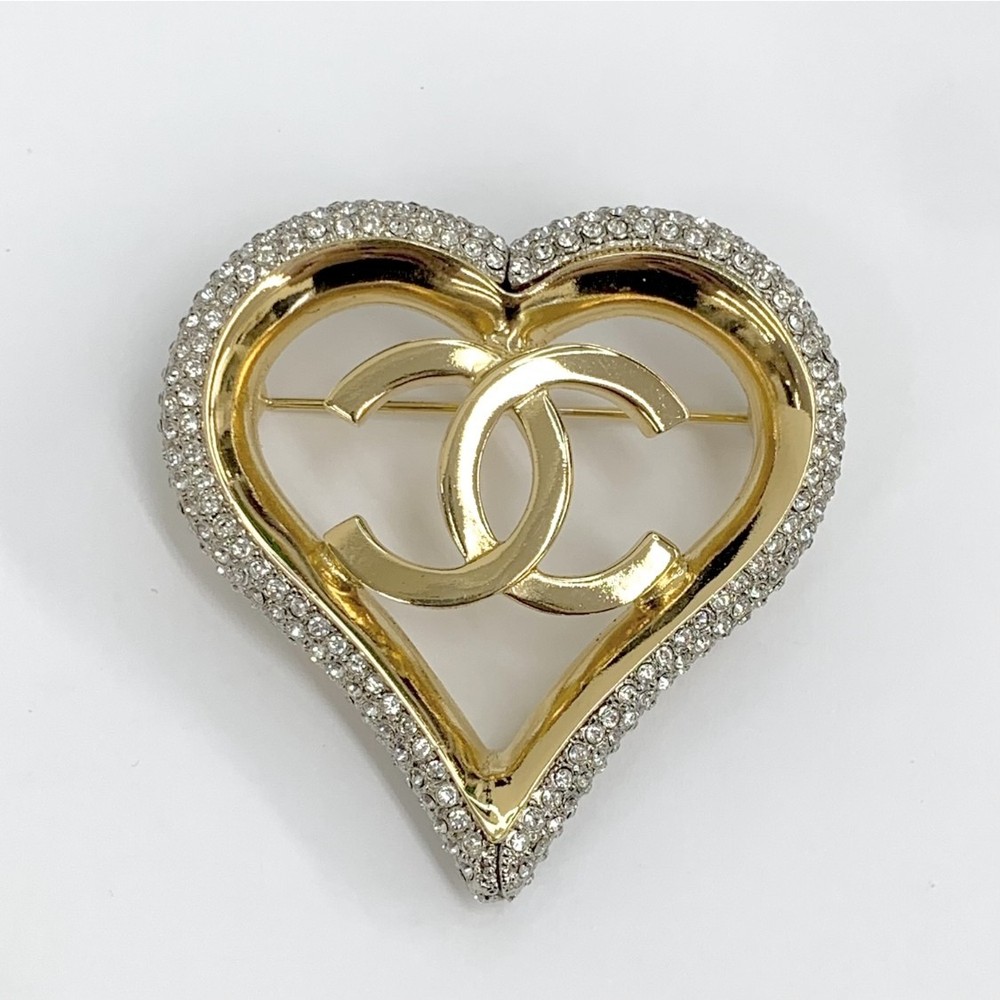 Chanel Coco Mark Heart Rhinestone Brooch in Gold Tone 7112