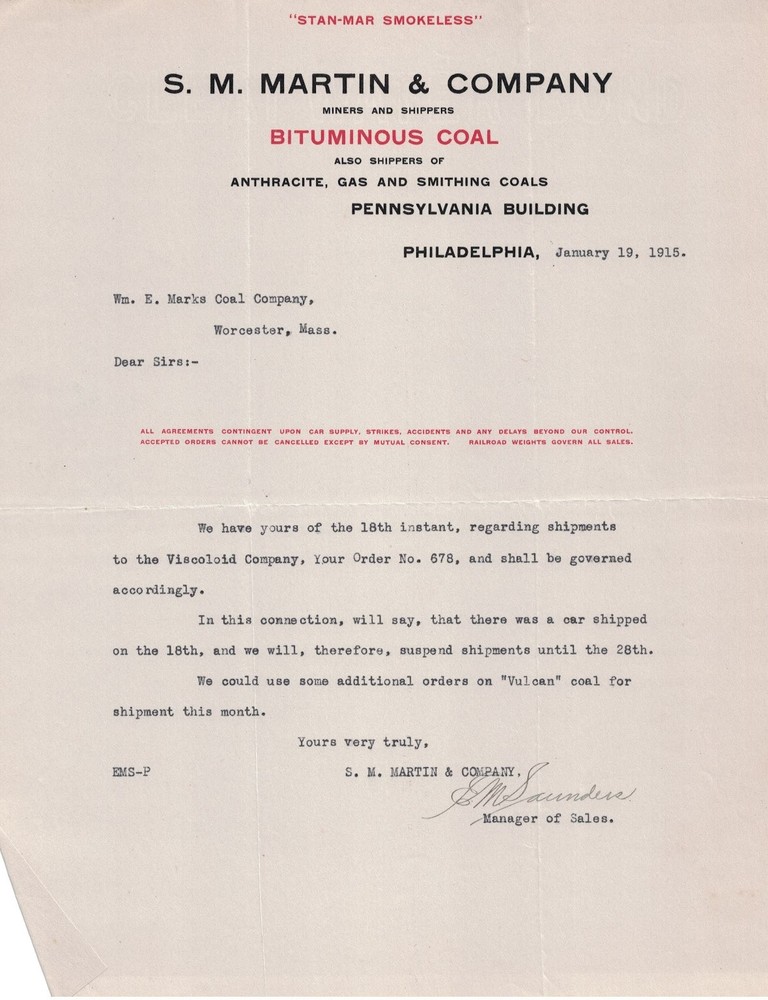 1915 S.M. Martin & Co. Bituminous Coal Company Letter Philadelphia PA