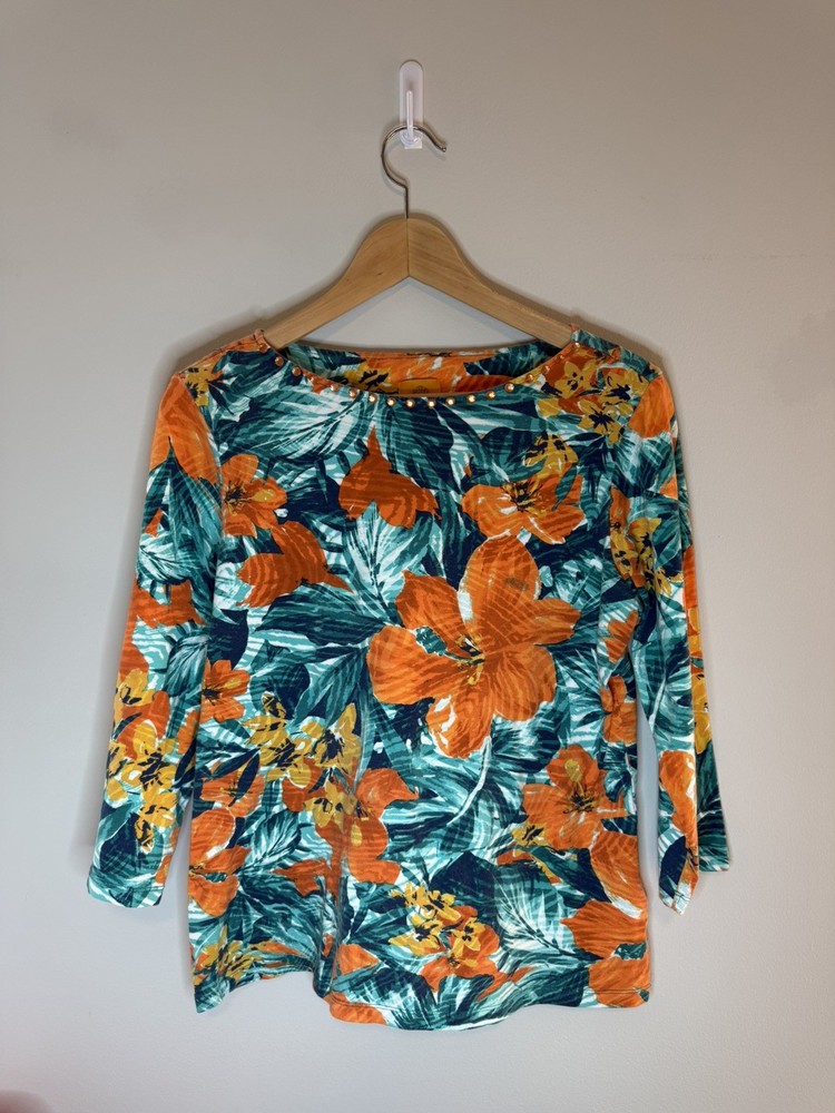 Ruby Rd Favorites Woman’s Blue/Orange/Hawaiian floral Size M 3/4 Sleeve Top