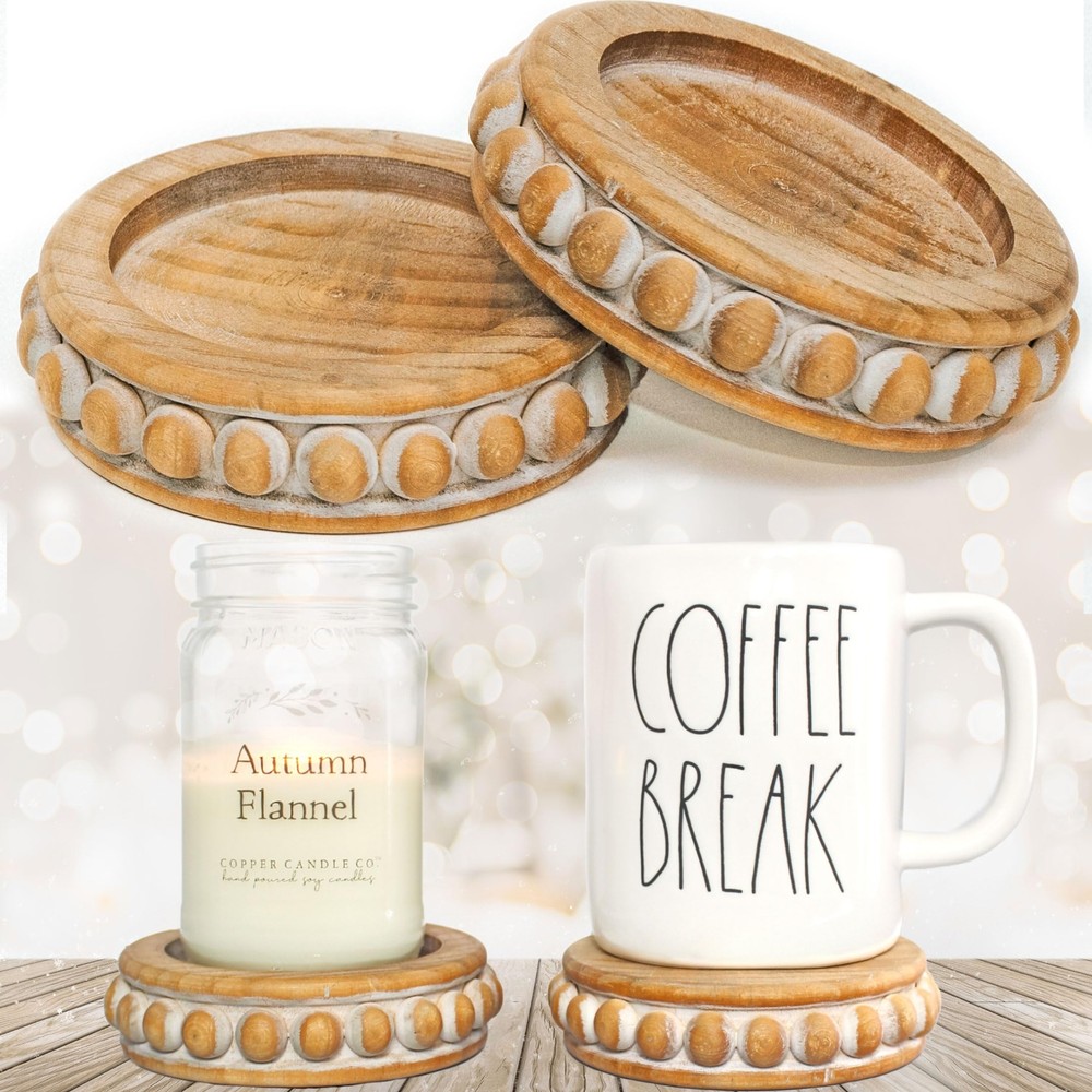 Rustic Wood Beaded Candle Pedestal Set of 2 Stackable Two-Sided Risers