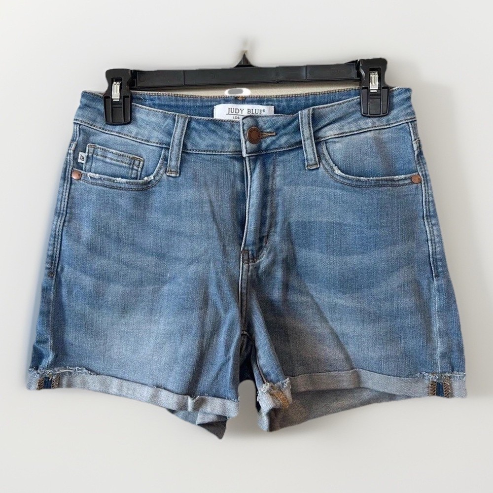 Judy Blue Jean Shorts Women S Denim Light Blue Wash Cuffed Mid-Length Stretch