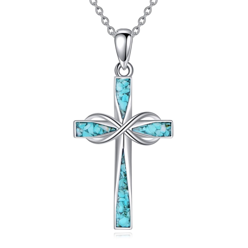 Cross Necklace 925 Sterling Silver Turquoise Cross Pendant Necklace Religious...