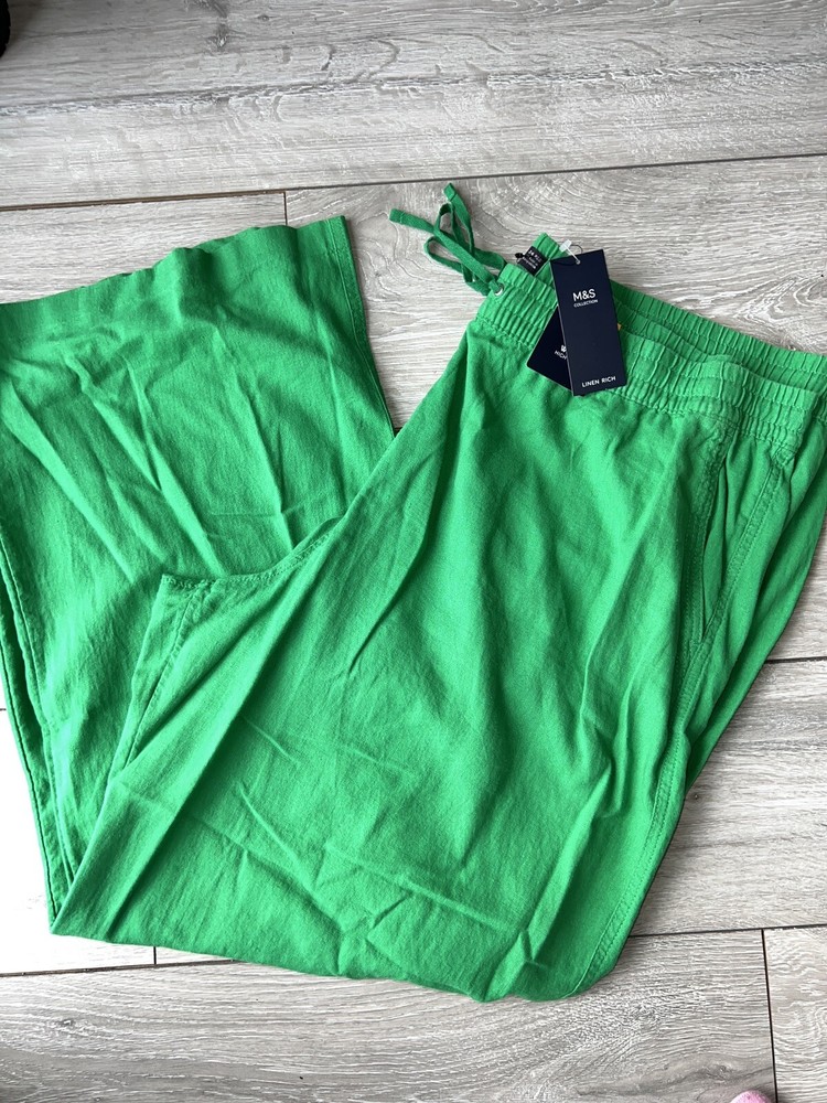 Marks and Spencer Green Linen Rich Wide Leg Trousers Size 24 Reg