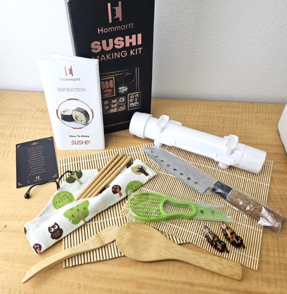 Complete 12-piece sushi making kit, step by step instructions, knife and more