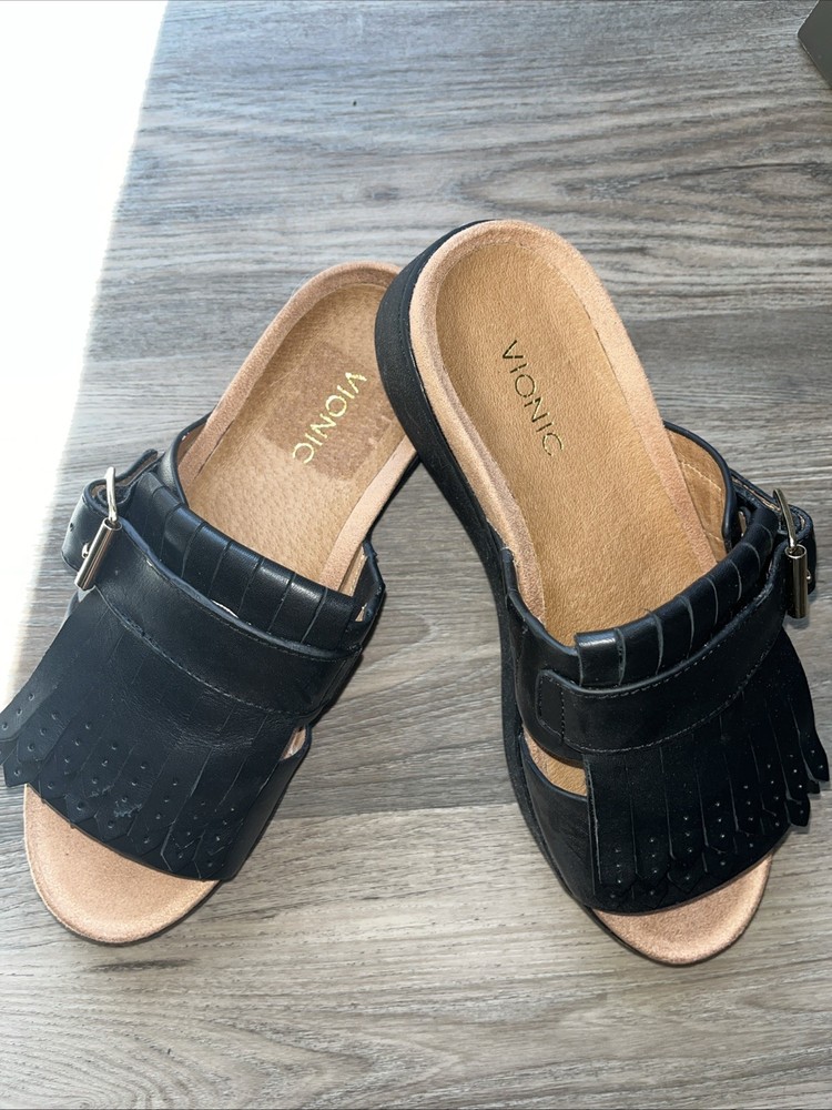Vionic Black Leather Splendid Filmore Sandals Arch Support Size 7 New