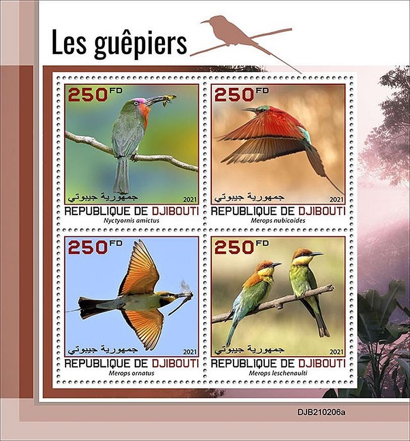 BEE-EATERS 4-Value MNH Bird/Birds Stamp Sheet #192 (2021 Djibouti)