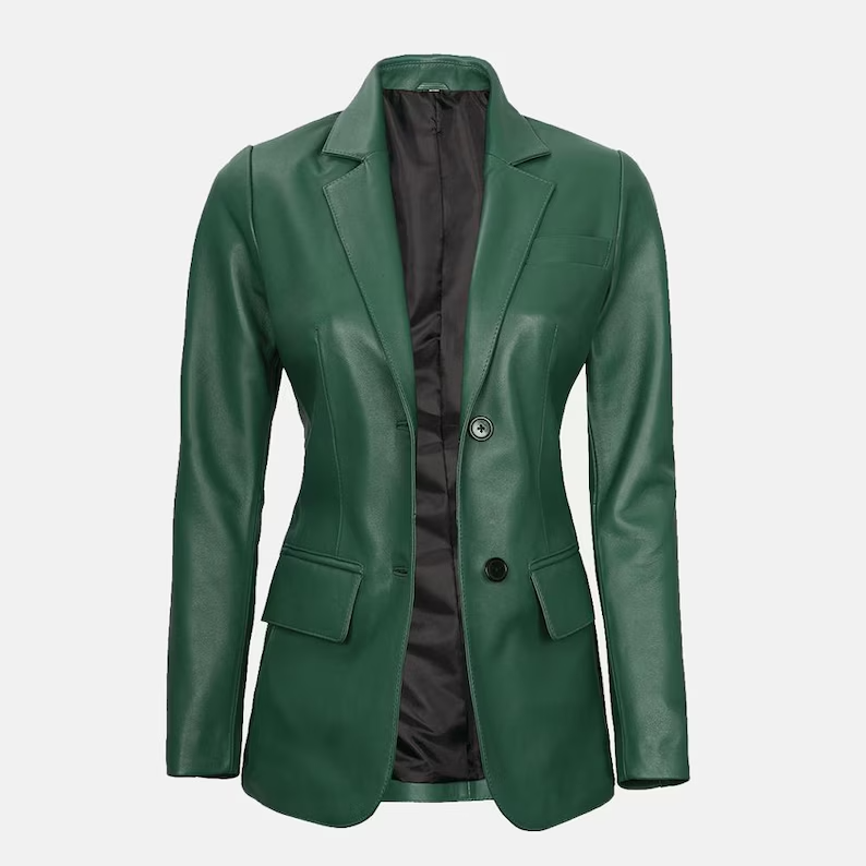 Women's Green  Lambskin Leather Jacket Casual Blazer Two Button Designer Coat
