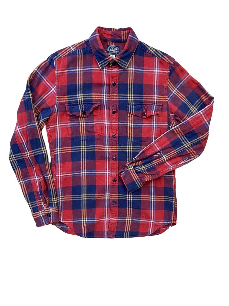 J.CREW Men's Small Midweight Red Blue Flannel Button-Up Long Sleeve Shirt Preppy Style