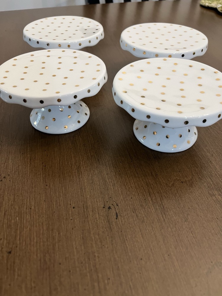 Four Cream Porcelain Dessert Plates with Elegant Gold Dots